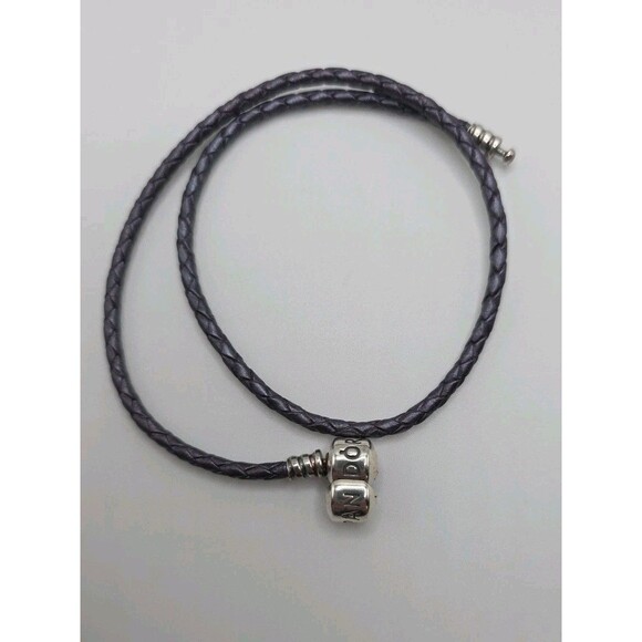 Pandora Purple Double Wrap Leather Braided 925 Silver Bracelet 13.5" Authentic - Picture 3 of 7